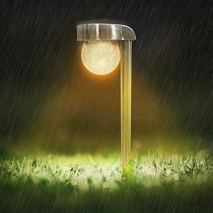 Crosslight Solar Powered Pathway Lights (4 Pack) - Hanging Crackled Ball Outdoor LED Lights, Waterproof for Garden, Yard, Patio, Lawn, Walkway - Decorative Ground Stake Lighting | Warm White