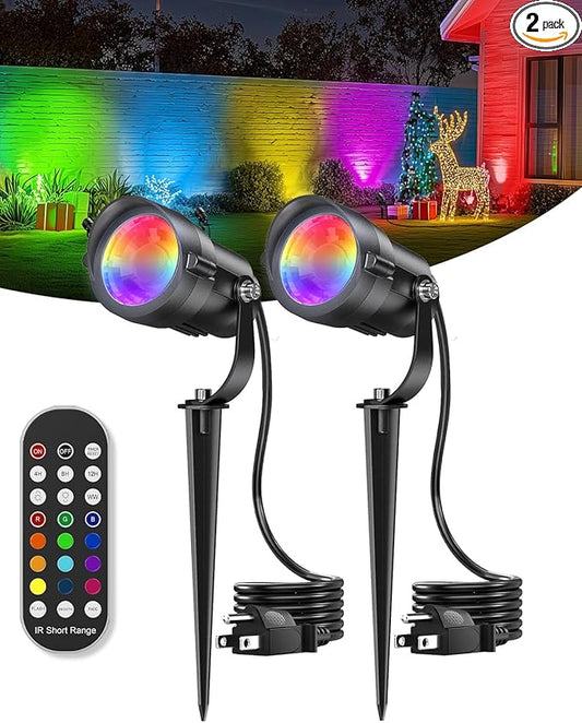 HIBOITEC 12W Christmas Spotlight Outdoor with Plug Timer Color Changing 120V Landscape Lighting Waterproof Dimmable LED Spot Light for Yard Christmas Outside House Garden Tree Decoration 2Pack