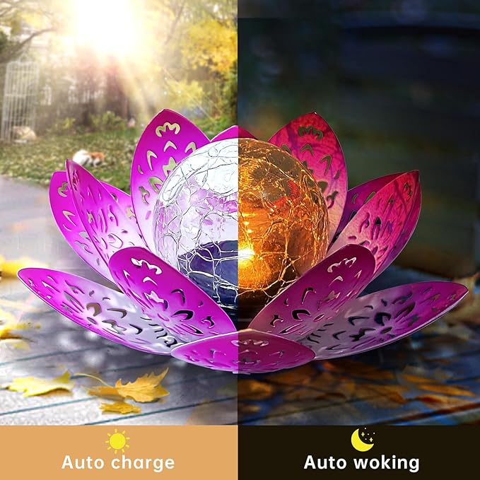 2 Pack Solar Lights Outdoor Garden 6.3 " Glass Lotus Lamp Waterproof LED Metal Flower Lights Outdoor Garden Table Decor for Outside Balcony, Patio, Deck, Porch, Walkway