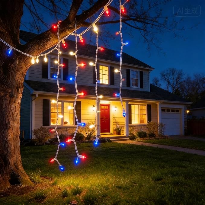 Red White and Blue Christmas Lights, UL Certified and Commercial Grade 100 LED Christmas Decorations String Lights, for Indoor and Outdoor Use.