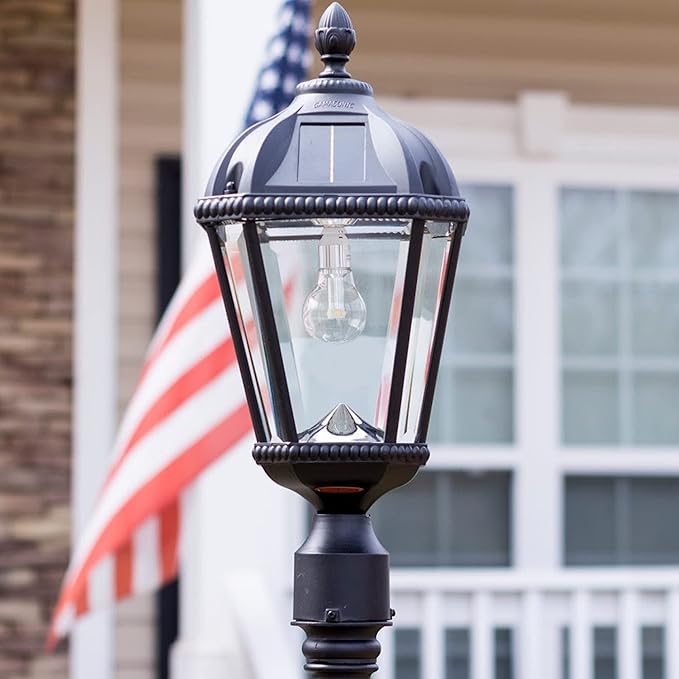 Gama Sonic Solar Outdoor Lamp Post Light, Black Cast Aluminum and Beveled Glass Panels, 10-Year Royal Bulb, Warm | Lumora