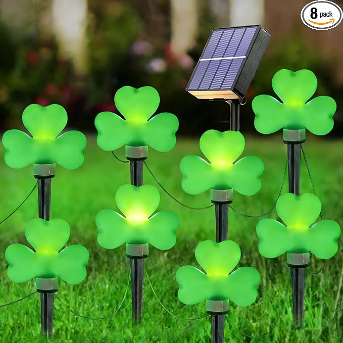 St Patricks Day Decorations Solar Garden Lights Outdoor Waterproof 8 Pack Green Shamrock Three Leaf Lucky Clover Solar Stake Lights 8 Modes for Yard Pathway Party Outside Irish St. Patrick's Day Decor