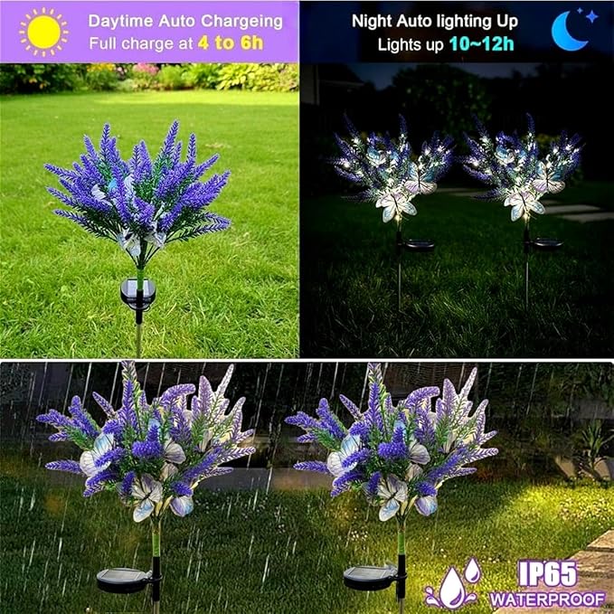 Solar Garden Decor Lights Outdoor, Lavender Butterfly Flower Stakes Light, 2 Pack Waterproof LED Flower Lights, for Garden Pathway Patio Backyard Landscape (Warm White)