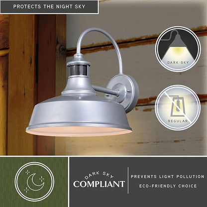 VAXCEL Dorado Outdoor Steel Wall Light with Motion Sensor, 12" W x 12.25" H Rustic Farmhouse Gooseneck Wall Sconce for Porch, Patio, Deck, or Front Door, Silver