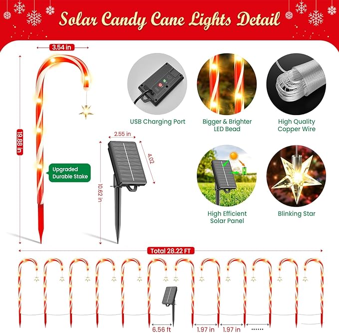 12 Pack Christmas Decorations Outdoor Solar Candy Cane Lights, Solar Christmas Pathway Lights with USB Charge, 10 | Lumora