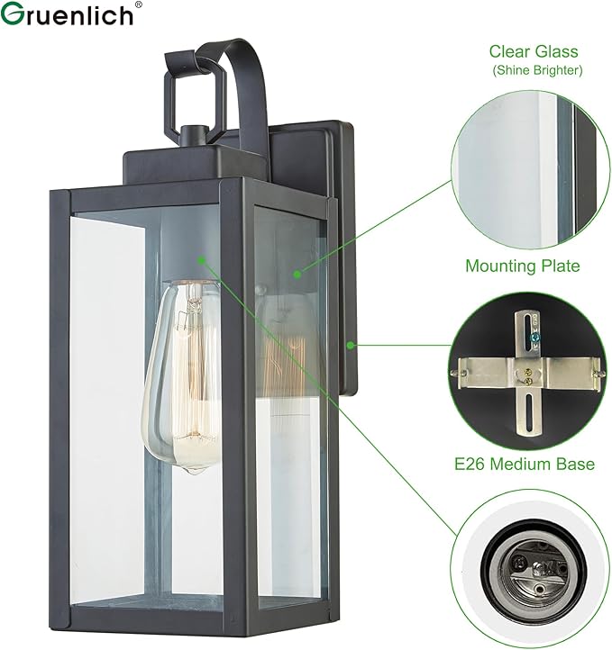 GRUENLICH Outdoor Wall Lantern, Wall Sconce for Porch Lighting Fixture, E26 Base Max 60W, Metal Housing Plus Glass, Matte Black Finish, Bulb Not Included, 1-Pack