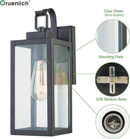 GRUENLICH Outdoor Wall Lantern, Wall Sconce for Porch Lighting Fixture, E26 Base Max 60W, Metal Housing Plus Glass, Matte Black Finish, Bulb Not Included, 1-Pack