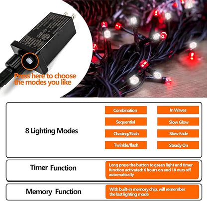 75.8 FT 200 LED Red and White Christmas Lights Outdoor Indoor, Timer & Memory Function & 8 Modes, Extendable Green Wire, Waterproof Fairy Twinkle Lights for Xmas Tree Holiday Party Garden Yard Decor