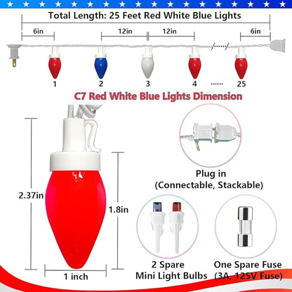 Red White and Blue Lights 25Ft C7 LED Christmas Light with 25 Shatterproof 4th of July Decorations String Lights, Plug in Patriotic Light for Outdoor Indoor July 4th Party Decor
