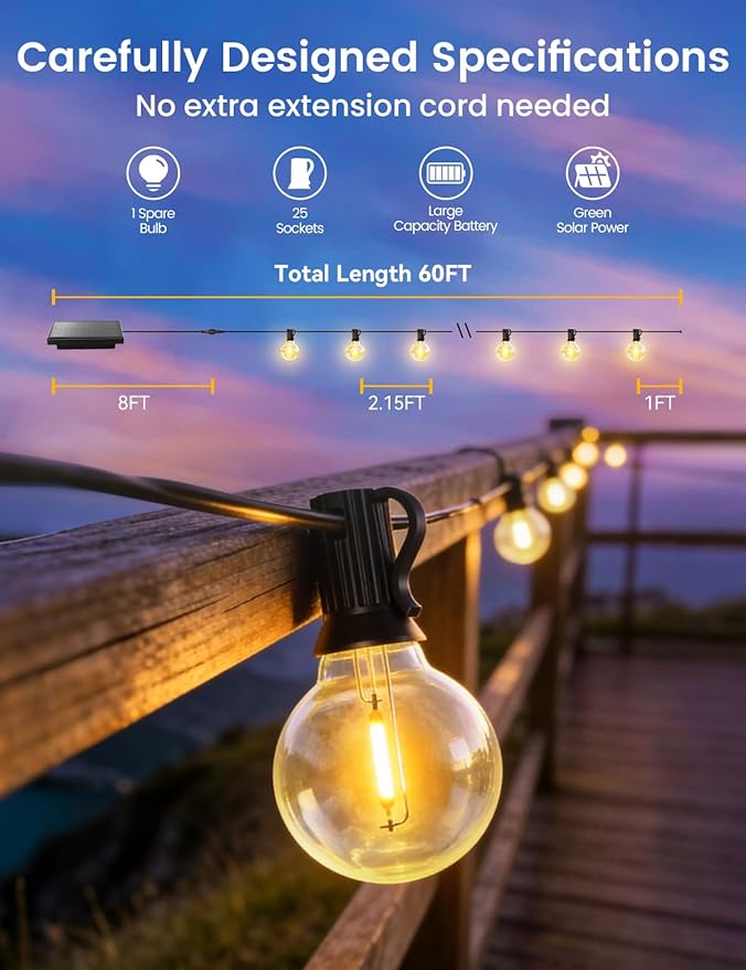 Brightever Solar String Lights Outdoor with Remote, 60FT 25+1 LED G40 Bulbs Shatterproof Patio Lights, IP65 Waterproof Dimmable Hanging Solar Power Globe LED Outdoor Lights for House, Market, Bistro