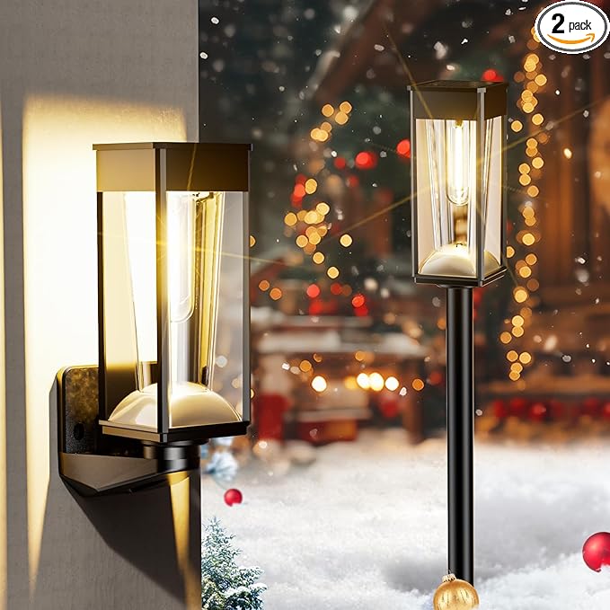 2-In-1 Solar Yard Lights Outdoor 2 Pack,Super Bright Adjustable Warm&Cool White,Waterproof IP65,Dusk To Dawn Auto Solar Lights Powered Outside for Pathway/Garden/Driveway/Patio,Support Wall Mounted