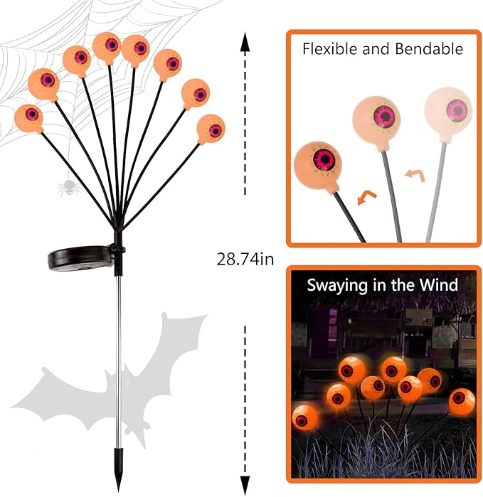 4 Pack Halloween Decorations Outdoor Path Lights - 32LED Solar Eyeball Pathway Light Swaying by Wind, Waterproof Solar Halloween Stake Lights for Garden Yard Porch Patio Pathway (Orange)