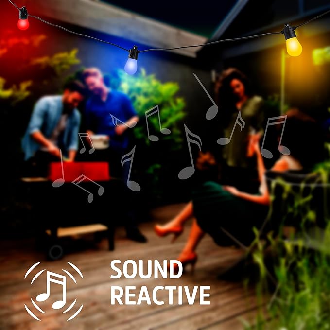 Energizer Smart RGBW+IC Outdoor String Lights, 24ft, 12 Multi-Color & White Sound Reactive LED Bulbs, IP65 Water & Weather Resistant, Voice Control with Alexa, Google, Siri, Grouping, Scheduling