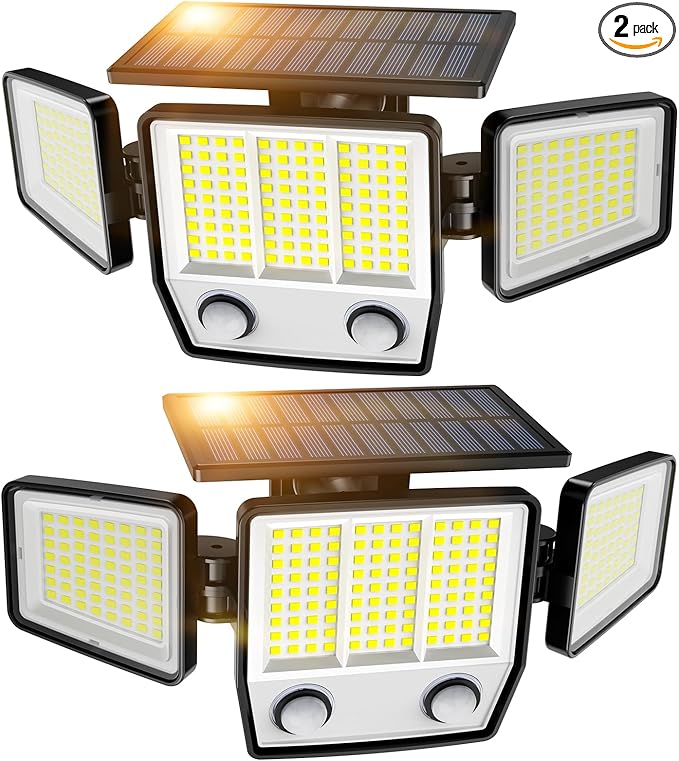 6500K Solar Outdoor Lights,3000LM 304 LED Motion Sensor Outdoor Lights, 3 Heads Security Light,IP67 Waterproof, 270°Flood Wall Light with 3 Modes for Backyard Yard,2 Pack