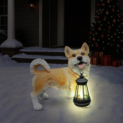 Outdoor Husky Dog Statue with Interchangeable Welcome Sign and Detachable Solar Lantern –LED Light Garden Dog Sculpture Décor, Cute Puppy Design for Yard, Porch, Gift