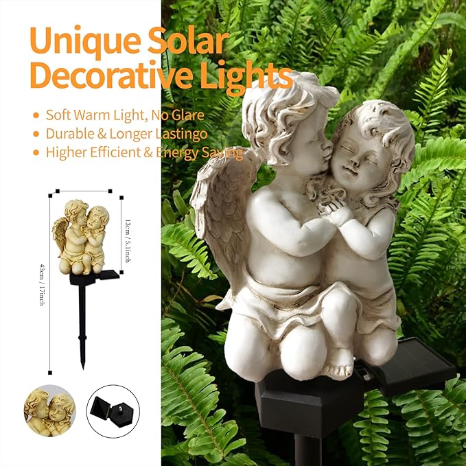 QH & Garden Angel Solar Garden Light - LED Waterproof Resin Light for Garden, Balcony, Yard, Lawn, Pathway, Walkway - Solar Powered Outdoor Decor, Memorial Gifts