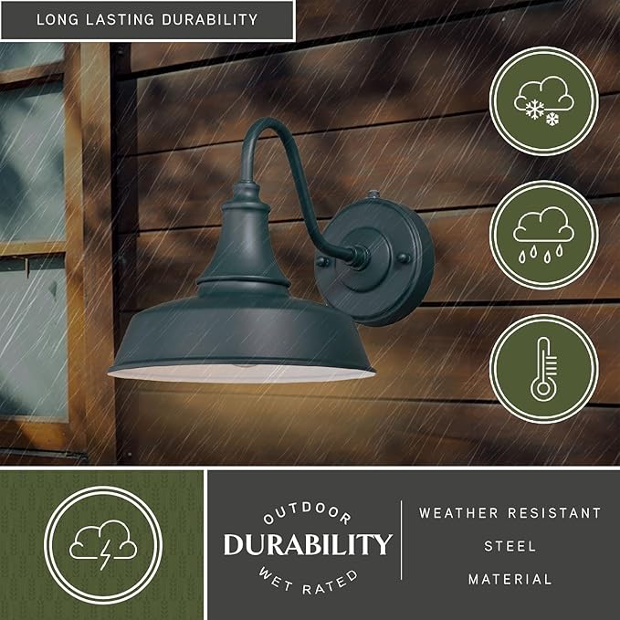 VAXCEL Dorado 9 in. H 1-Light Hunter Green and White Dusk to Dawn Sensor Farmhouse Outdoor Wall Sconce, Gooseneck Steel Shade, Dark Sky Compliant for Exterior Porch Patio Front Door or Garage