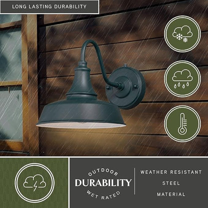 VAXCEL Dorado 9 in. H 1-Light Hunter Green and White Dusk to Dawn Sensor Farmhouse Outdoor Wall Sconce, Gooseneck Steel Shade, Dark Sky Compliant for Exterior Porch Patio Front Door or Garage