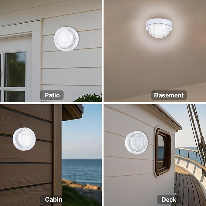 GRUENLICH 8'' Round LED Bulkhead Light, Outdoor Wall Lights Dimmable, Sauna & Exterior Lighting, ETL Rated, 15W 1600 Lumen, 5000K Daylight White, White Cast Aluminum, Wall/Ceiling Mount, 1 Pack