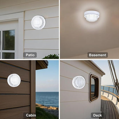 GRUENLICH 8'' Round LED Bulkhead Light, Outdoor Wall Lights Dimmable, Sauna & Exterior Lighting, ETL Rated, 15W 1600 Lumen, 5000K Daylight White, White Cast Aluminum, Wall/Ceiling Mount, 2 Pack