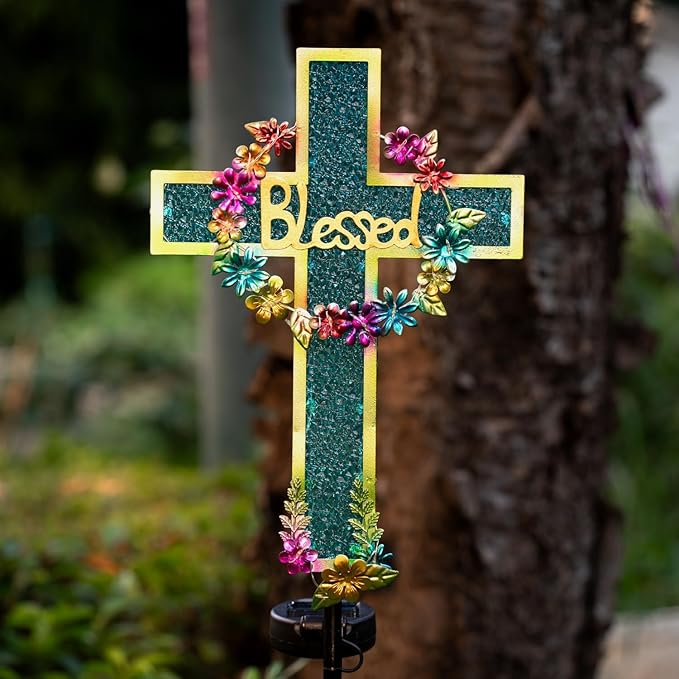 Solar Cross Stake for Cemetery Grave, Memorial Grave Decoration with Flowers and LED Light, Outdoor Solar Cross for Lawn Garden Pathway Decor (Blue)