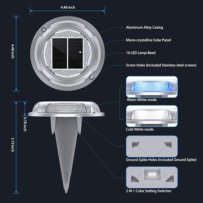 Solar Deck Lights,8 Pack Driveway Dock Light 2 Colors in 1 Solar Powered Lights Outdoor IP68 Waterproof Driveway Marker for Warning Step/Garden/Sidewalk/Pathway/Yard (Blue & Cool White)