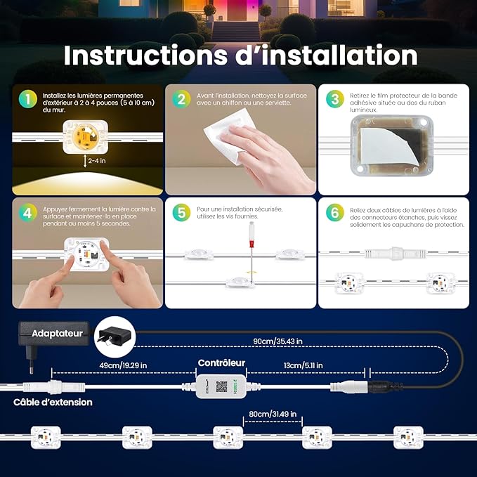 Permanent Outdoor Lights for House, 150 FT Women's Day Outdoor String Lights with RGBIC & Bluetooth Remote, DIY via App for Music Sync, IP67 Waterproof Expandable LED Lights for Eaves, Patio, Lanai.
