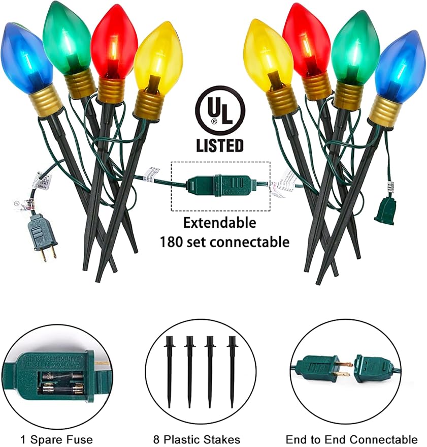 2 Pack 7FT LED Jumbo C9 Christmas Lights Pathway,4 Christmas Walkway Lights with Pathway Marker Stakes,Jumbo Clear Multicolor Big Light Bulb for Driveways Garden Holiday Christmas Decor