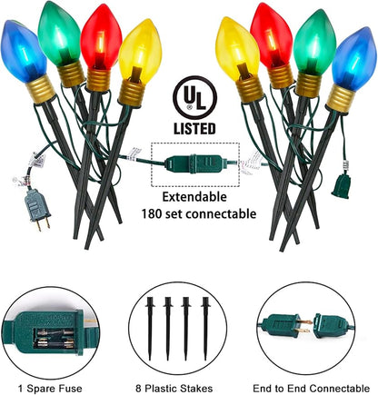 2 Pack 7FT LED Jumbo C9 Christmas Lights Pathway,4 Christmas Walkway Lights with Pathway Marker Stakes,Jumbo Clear Multicolor Big Light Bulb for Driveways Garden Holiday Christmas Decor
