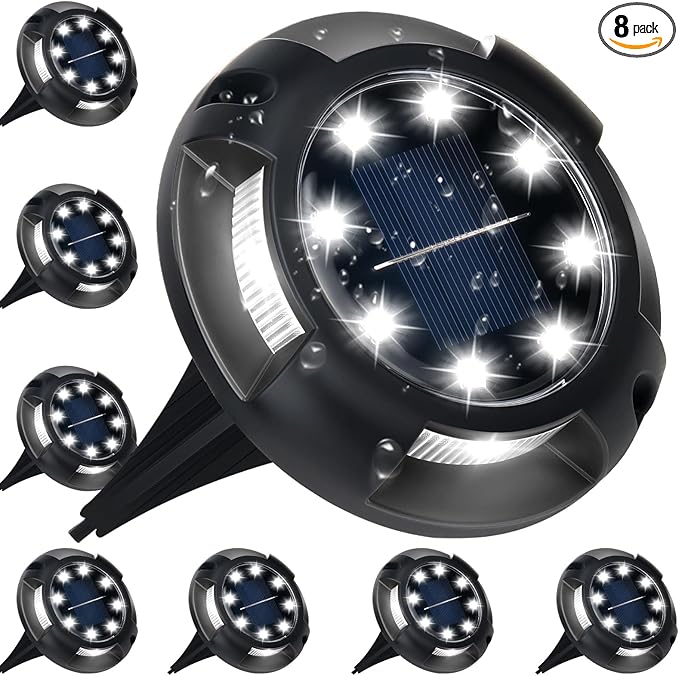 Solar Ground Lights, 8 Pack 12 LED Solar Disk Lights Outdoor Waterproof In-Ground Landscape Lighting for Garden | Lumora