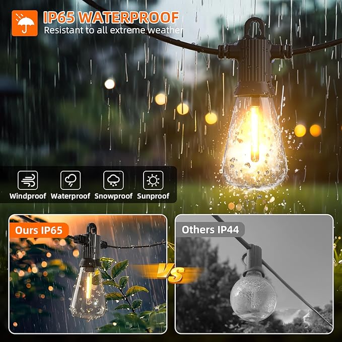 Kawaya 100 FT LED Outdoor String Lights with 50+2 Shatterproof Vintage Edison Bulbs, Dimmable IP65 Waterproof, Perfect for Yard, Porch, Deck, Balcony, Bistro, Cafe, Party