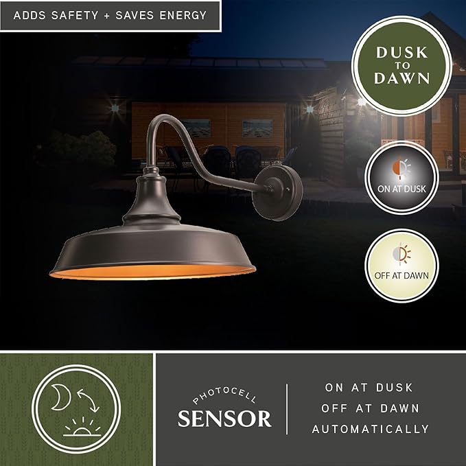 VAXCEL Dorado 12.25 in. H 1-Light Dark Bronze and Light Gold Dusk to Dawn Sensor Farmhouse Outdoor Wall Sconce, Gooseneck Steel Shade, Dark Sky Compliant for Exterior Porch Patio Front Door or Garage