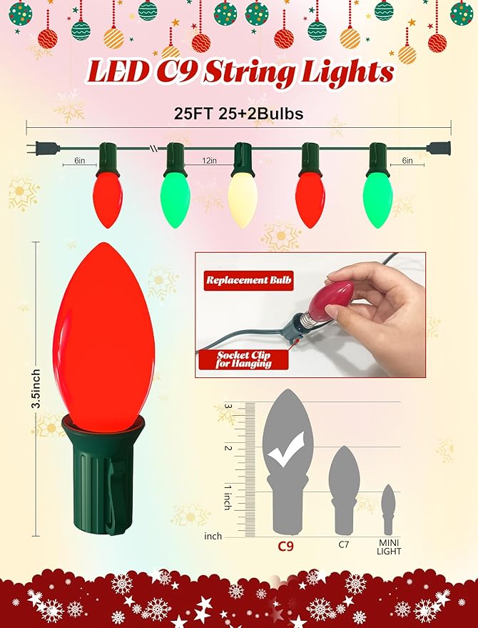 25Ft C9 LED Christmas Multicolor String Lights, Vintage Christmas Lights with 27 C9 Red/Green/White LED Bulbs | Lumora