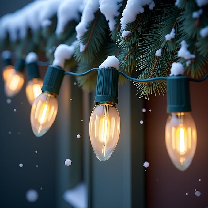 YULETIME Warm White C9 LED Christmas Lights, 25 Feet 25 Count 12" Spacing Clear Smooth Bulbs UL Certified Outdoor String Light Set (Warm Clear)