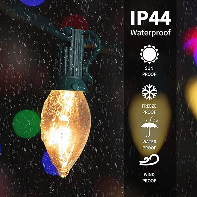 C7 Christmas Lights, 25Ft Outdoor Clear Christmas String Lights with 27 Clear Warm White Incandescent Bulbs, Vintage Christmas Lights for Roofline Patio Christma Cafe Party Decorations, Green Wire