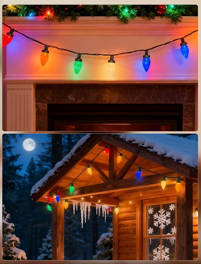 C7 LED Valentine's Day Lights Outdoor, 26Ft Outdoor Christmas Decoratios, Vintage String Lights Waterproof with 50 LED C7 Multicolor Bulbs, Night Lights for Indoor Roofline Backary Garden House Party