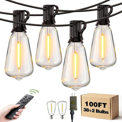 Outdoor String Lights Dimmable Waterproof with Remote, 100FT 38+2 Shatterproof ST38 Edison LED Bulbs Hanging Outside Light for Patio, Backyard, Porch, Deck, Balcony, Garden