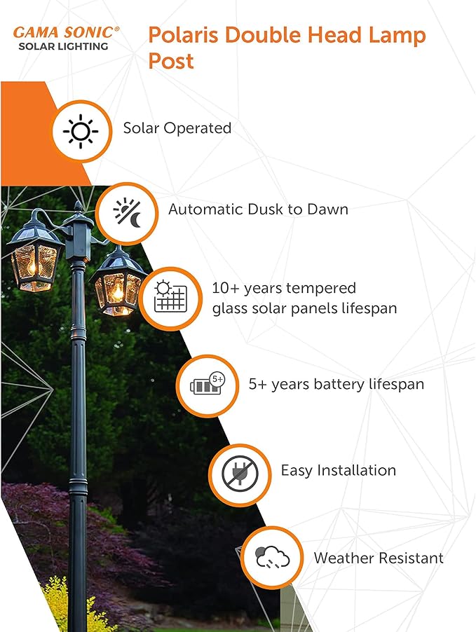 Gama Sonic Polaris Double Head Lamp Post (177B50002), Black Finish - Outdoor Path Light | Lumora