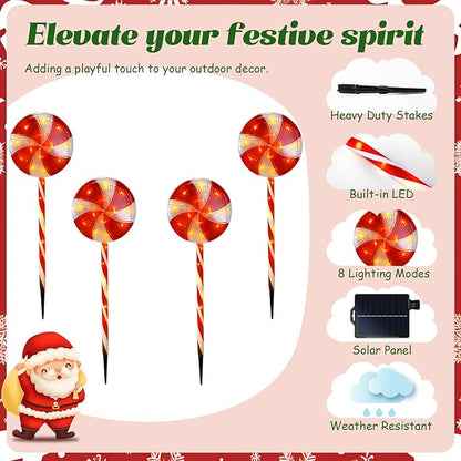 Candy Christmas Decorations Pathway Outdoor Solar, 29 inches 80 LED Lighted Lollipop with 8 Modes Waterproof String, for Yard Patio Walkway-4PCS