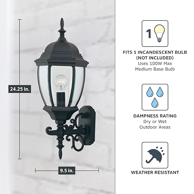 Designers Fountain Tiverton Outdoor Light Fixture, 24.25 Inch Exterior Wall Lantern Sconce for Front Door, Patio | Lumora