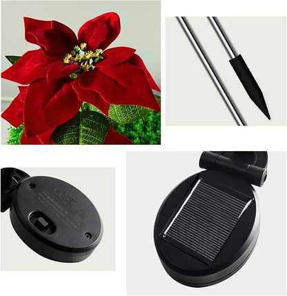 MSUIINT 2 Pcs Christmas Decorations Outdoor Solar Lights, Artificial Red Poinsettia Flower Decorations Solar Stake, Waterproof Solar Pathway Lights for Xmas Garden Yard Patio Lawn Decor