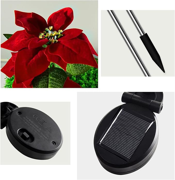 Firlar 2Pcs Solar Poinsettia Garden Lights,Christmas Poinsettia Stake Lights Solar Red Rose Lights,Waterproof Outdoor Xmas Holiday Flower Landscape Light for Yard Pathway Patio Decor