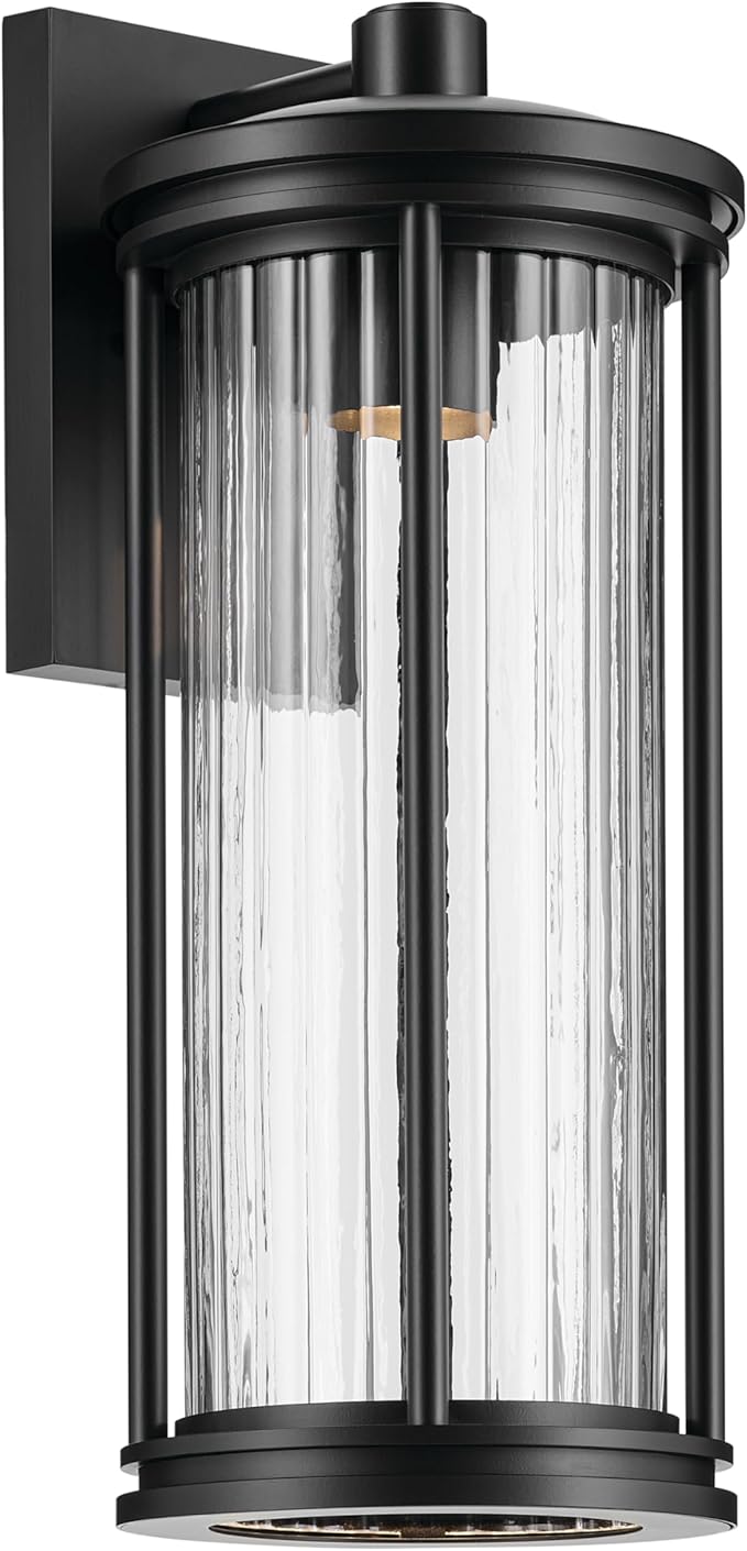 Kichler Barras 20.25" 1-Light Outdoor DarkSky Approved Wall Sconce with Clear Ribbed Glass in Black, Vertical | Lumora