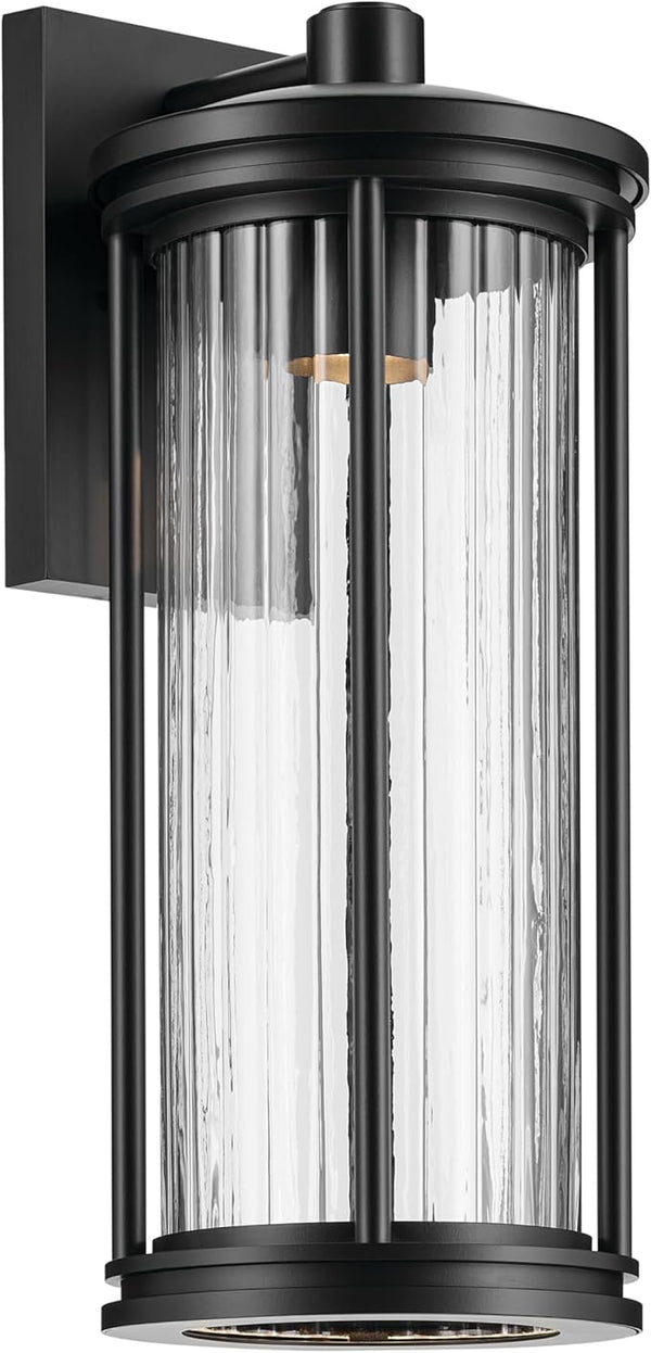 Kichler Barras 20.25" 1-Light Outdoor DarkSky Approved Wall Sconce with Clear Ribbed Glass in Black, Vertical | Lumora