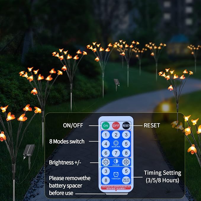Solar Garden Lights 4 Pack, 40 Led Bee Lights 8 Lighting Modes with Remote, Firefly Lights Waterproof, Sway by Wind, Solar Outdoor Lights for Patio Walkway Pathway Backyard Lawn Flower Bed Decoration