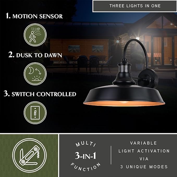 VAXCEL Dorado Outdoor Steel Wall Light with Motion Sensor, 15" W x 13.25" H Rustic Farmhouse Gooseneck Wall Sconce for Porch, Patio, Deck, or Front Door, Bronze