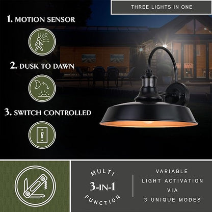 VAXCEL Dorado Outdoor Steel Wall Light with Motion Sensor, 15" W x 13.25" H Rustic Farmhouse Gooseneck Wall Sconce for Porch, Patio, Deck, or Front Door, Bronze