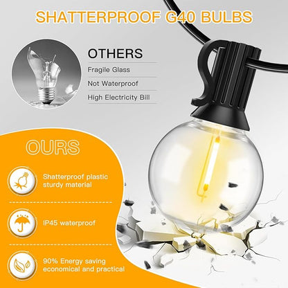 Ollny 50FT Outdoor String Lights, Waterproof Connectable Shatterproof Patio Lights with 25+2 G40 Edison Bulbs Plug in，Outdoor Hanging Light for Backyard, Porch, Deck, Garden, 2700K