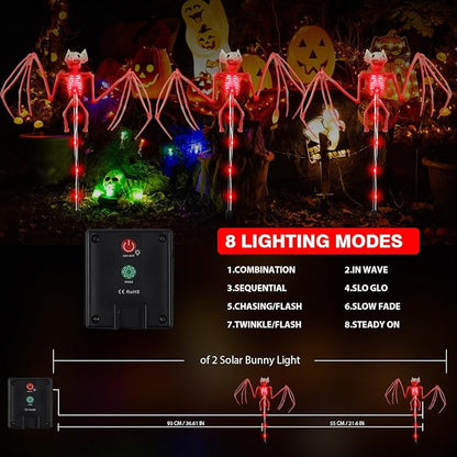 2PCS of Set Solar Garden Lights Outdoor for Halloween Decorations,3D RED Scary Bat Realistic Skeleton Decor for Halloween Party Decor,Solar Bats Path Lights for Lawn/Porch/Creepy Grave Décor