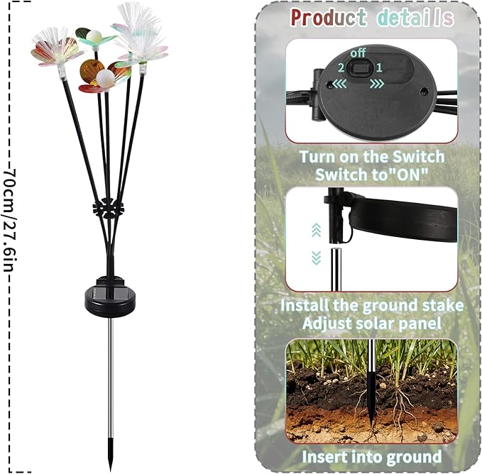 4 Pack Solar Garden Lights - Rainbow Petals, Warm Light, Flash & Constant Modes, Auto On/Off, Waterproof with Ground Plug for Yard, Patio Decoration